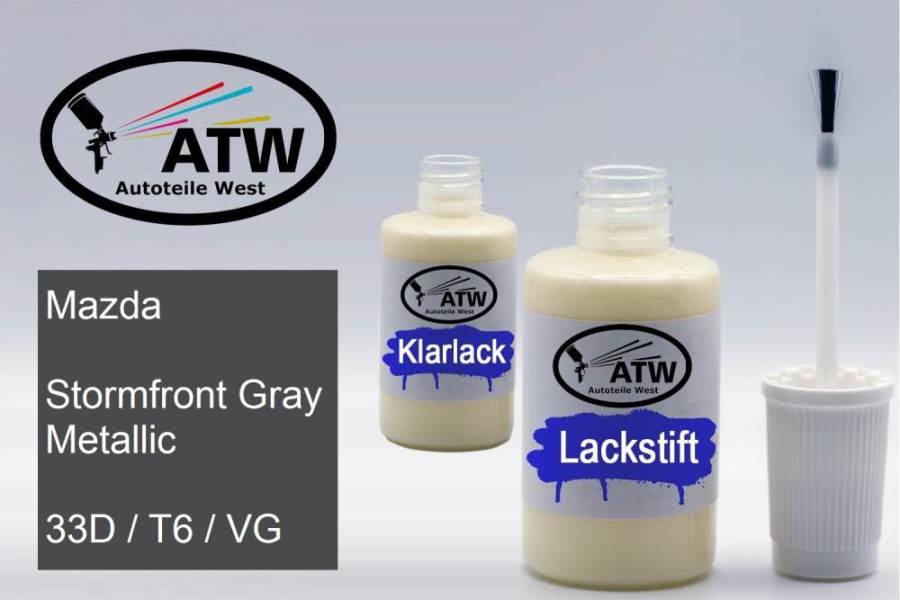 Mazda, Stormfront Gray Metallic, 33D / T6 / VG: 20ml Lackstift + 20ml Klarlack - Set, von ATW Autoteile West.